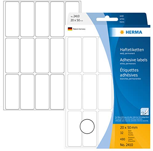 HERMA 2410 Vielzweck-Etiketten, 480 Stück, 20 x 50 mm, 15 pro Bogen, selbstklebend, Haushaltsetiketten zum Beschriften, matt, blanko Papier Klebeetiketten Aufkleber, weiß