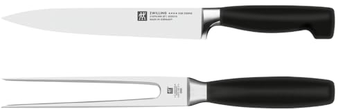 ZWILLING Vier Sterne Messerset, 2-teilig (Fleischmssser 20 cm und Fleischgabel 18 cm) Rostfreier Spezialstahl, Ergonomischer Kunststoff-Griff, Schwarz [Made in Germany]