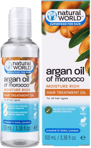 Natural World Argan Oil of Morocco Moisture Rich Hair Treatment Oil (100ml) - For all Hair Types. Infused with Certified Organic Argan Oil. Cruelty Free & Vegan Friendly. Superfood for Hair