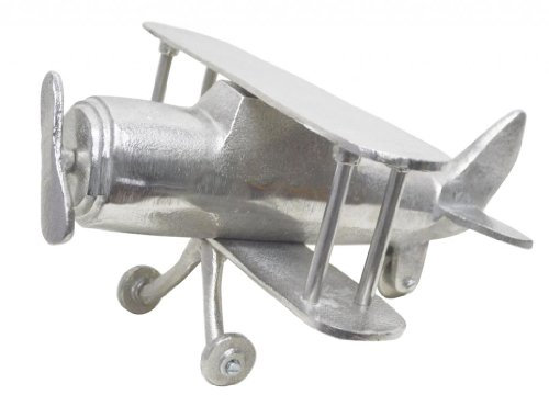 HOMESCAPES Designer Dekofigur Silber groß Oldtimer Doppeldecker Flugzeug Aluminium Deko
