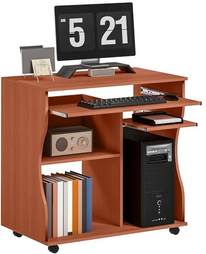 HOMCOM Computer Desk with Sliding Keyboard Tray, Mobile Home Office Desk, Study Table with Storage Shelves, PC Desk on Wheels, Cherry Wood Colour