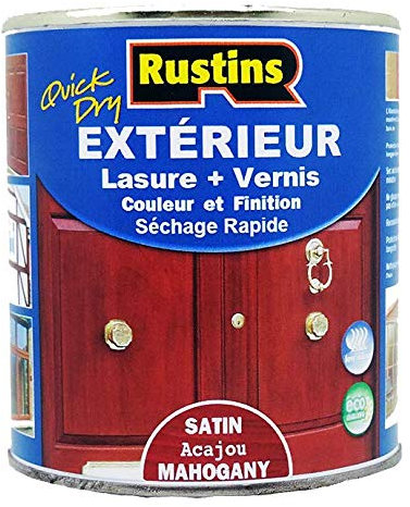 Rustins (QD Mahogany Wood Stain) - 500 ml - Exterior Stain + Varnish - Quick Drying - Mahogany Satin Finish - 15 m²/L