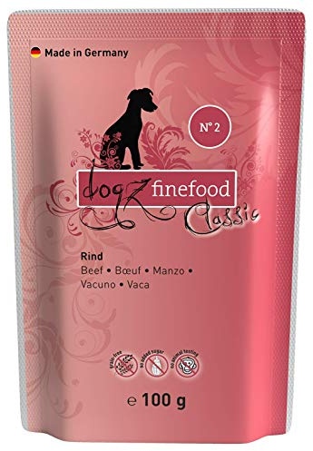 dogz finefood Hundefutter nass - N° 2 Rind - Feinkost Nassfutter für Hunde & Welpen - getreidefrei & zuckerfrei - hoher Fleischanteil, 12 x 100 g Beutel