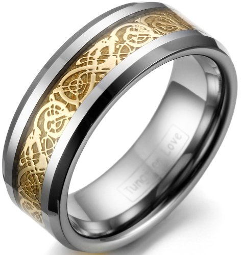 JewelryWe Schmuck 8mm Breite Wolframcarbid Herren-Ring Damen-Ring Hochzeit Band Verlobungsringe mit Gold keltischen Drachen Inlay Größe 76