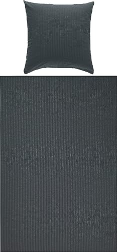 Erwin Müller Bettwäsche-Set Seersucker Uni Serie Rosenheim, Bettbezug, Kissenbezug anthrazit Größe 80x80 cm / 155x200 cm - pflegeleicht, bügelfrei, mit Reißverschluss