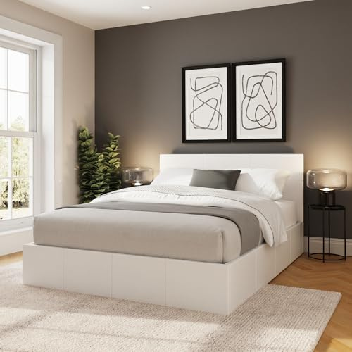 GFW Double Ottoman Bed, White Upholstered Bed with Side Lift Storage, Stitched Headboard and Gas Lift Ottoman Base, 4ft6 Bedroom Furniture