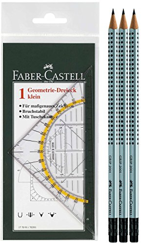 Faber-Castell 177091 - Geometrie-Dreieck klein, 14 cm + 3 Bleistifte HB mit Radierspitze an der Rückseite