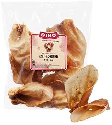 DIBO Rinderohren, 10er-Beutel, der kleine Naturkau-Snack oder Leckerli für Zwischendurch, Hundefutter, Qualitätskauartikel ohne Chemie