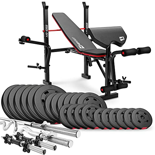 Hop-Sport Hantelbank mit Gewichten HS-1055, klappbare Trainingsbank mit Curlpult, Butterfly und Beincurler Inkl. 38 kg - 129,5 kg Hanteln Set