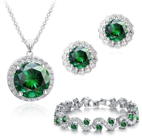 Crystalline Azuria Femme Ensemble Collier Clous Boucles d'Oreilles et Bracelet 18ct Plaqué Or Blanc avec Cristaux Vert imitation Émeraude en Zircone