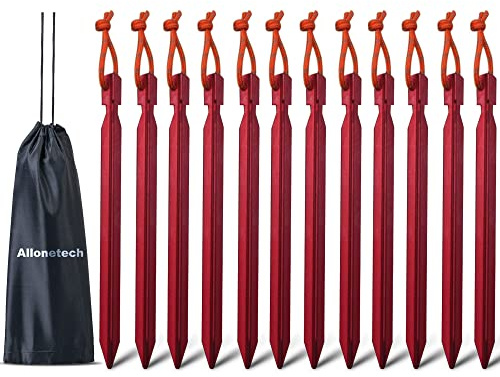12 Pack Tent Stakes, 7075 Ground Metal Camping Aluminum Tent Pegs, Lightweight Tent Stakes Heavy Duty Spikes Camping Accessories, Red