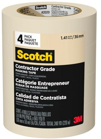 Scotch Contractor Grade Masking Tape, Tan, Tape for General Use, Multi-Surface Adhesive Tape, 1.41 Inches x 60.1 Yards, 4 Rolls