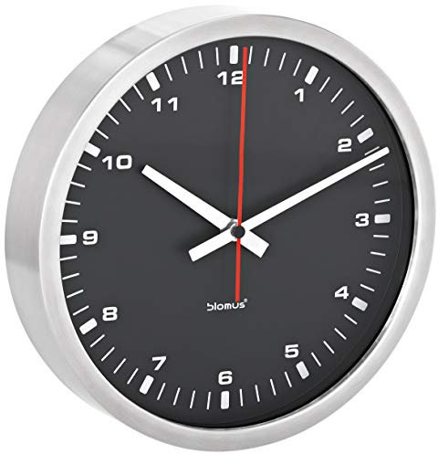 blomus Wanduhr Era | Ø 24 cm | Farbe Schwarz-Silber | Designer-Wanduhr mit rotem Sekundenzeiger | moderne Uhr