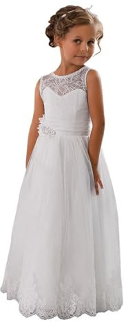 Lace Embellished A-Line Sleeveless Girls Wedding Party Dresses Size 8,White
