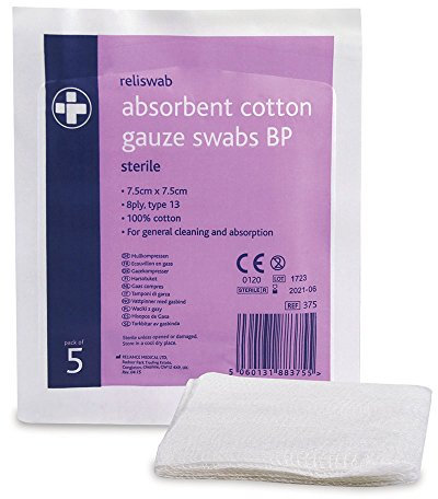 Reliance Medical Reliswab Cotton Gauze Swab - Sterile, 8 Ply, BP Cotton Material - High Absorbency Quality to Prevent Dryness & Clean Wound Surface - W.7.5 x L.7.5 cm - (4 x 5) Pack of 20