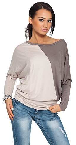 FUTURO FASHION - Damen Oberteil mit Fledermausärmeln - langärmlig - Color-Blocking - Kimono-Stil - 6042 - Beige-Cappuccino - 42 (XL)