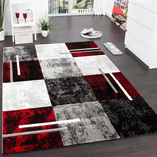 Paco Home Designer Teppich Modern mit Konturenschnitt Karo Muster Grau Schwarz Rot, Grösse:300x400 cm