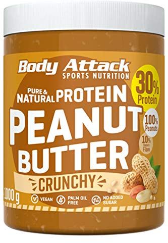 Body Attack Peanut Butter Crunchy, 1kg - Erdnussbutter mit Stückchen, 30% Protein ohne Zuckerzusatz, vegan, ohne palmöl