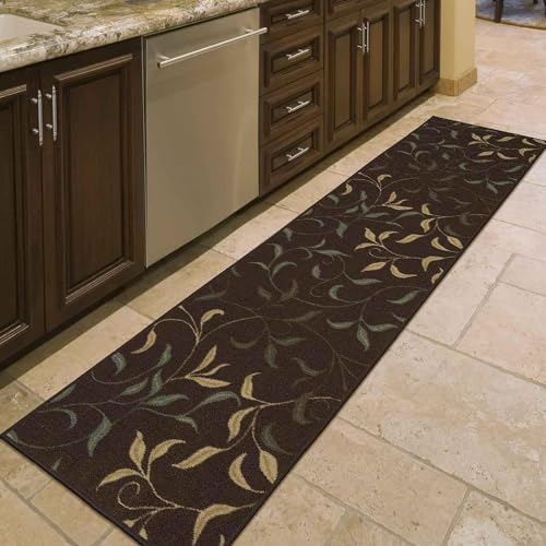 Ottomanson Ottohome Collection Contemporary Leaves Design Rubber Back Runner Rug , 57 cm x 210 cm, Brown