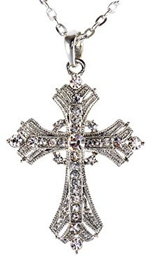 Alilang Silvery Tone Religious Cross Pendant Necklace Clear Crystal Rhinestones,Silver Clear