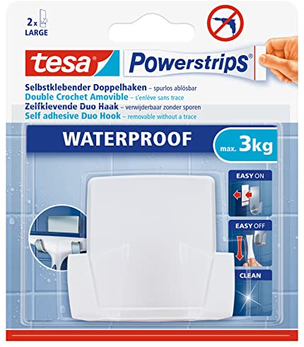 tesa Powerstrips Doppelhaken Waterproof Wave, weiß - selbstklebender Haken für Dusche und Bad, groß - Kunststoff-Badhaken - belastbar bis 3 kg