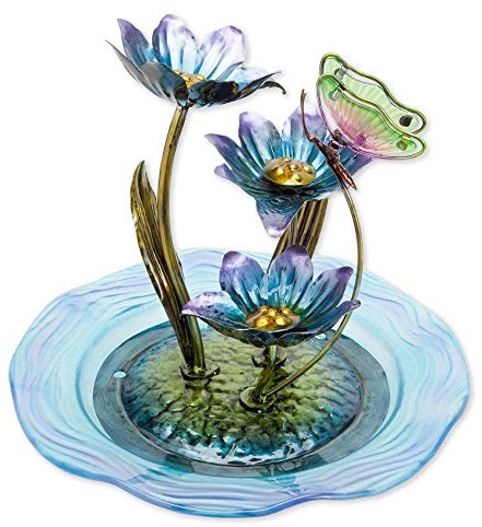 Bits and Pieces - Iridescent Glass Butterfly Fountain Sculpture – Indoor Home Décor - Zen Water Fountain - Desk or Tabletop Accessories - 12 Tall Multicolor