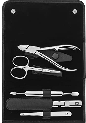 ZWILLING Maniküre-Set (5 teilig, Nagelpflege und Pediküre mit Echtleder Etui mit Nagelzange), Edelstahl Poliert, Schwarz