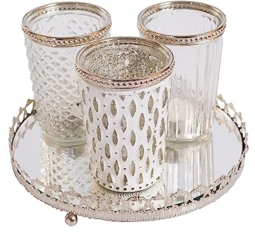 Jinfa 3er-Set Windlichter Teelichtglas mit Spiegelplatte Teelichthalter Kerzenglas Kerzentablett | Antikweiß