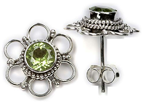Drachensilber Peridot Ohrstecker 925 Sterling Silber - Runder Ohrschmuck - Leuchtendem Grün markanter Silberfassung Damen