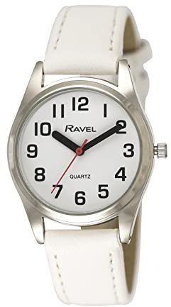 Ravel - Damen superfette Visierhilfebanduhr mit großen Zahlen - Weiß/Silbernes Ton/Weißes Zifferblatt