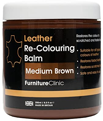 Furniture Clinic Balsamo Ricolorante per Pelle in 16 Colori Colore Marrone Medio Nutriente, Ripara, Rinnova Pelle Assorbente Sbiadita, Usurata, Graffiata- Divani, Sedili Auto, Scarpe, Borse, Giacche