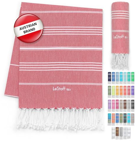 LeStoff Serviette de Plage – 100% Coton Bio, 95 x 180 cm, Prélavé, Absorbant, Séchage Rapide, Fouta hammam, Serviette de Bain, Serviette de Voyage, Drap de Plage, Fouta de Sauna, Rouge (Red)