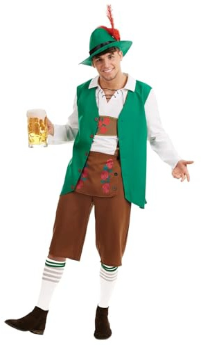 Fun Shack Lederhosen-dräkt för Herr, Brun Bayersk Outfit med Grön Väst & Fjäderhatt, Oktoberfest Karneval, M