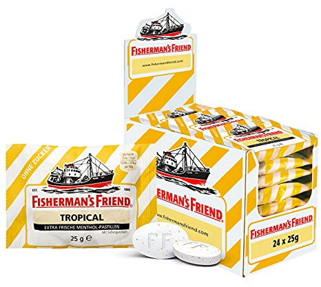 Fisherman’s Friend Tropical, 24er Vorratsbox, Exklusive Sorte: Ananas, Melone, Guave Geschmack, zuckerfrei, vegan, Bonbons für frischen Atem, 24x25g