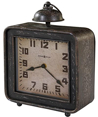 Howard Miller Collins Mantel Clock 635-194 – Antique Black Finish, Square Metal Frame, Charcoal Arabic Numerals, Glass Crystal, Rustic Home Decor, Quartz Movement