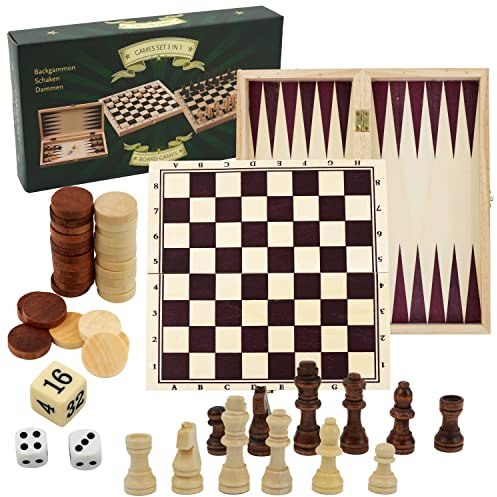 3 in 1 Wooden Compendium Board Game Set Family Games Chess Backgammon Draughts