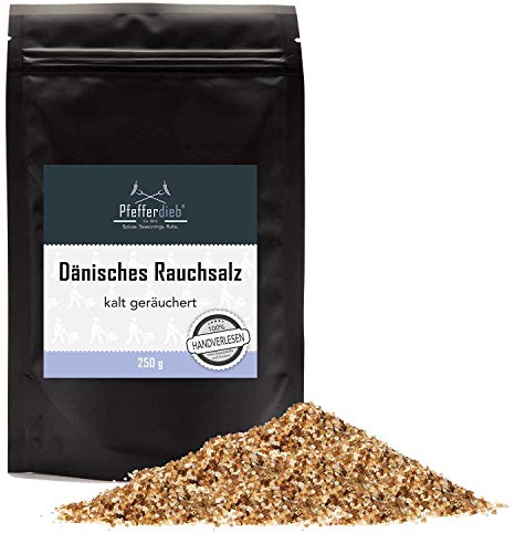 Dänisches Rauchsalz 250g | kaltgeräuchertes Meersalz | Original Buchenholzrauchsalz mild-würzig, vegan - Pfefferdieb®