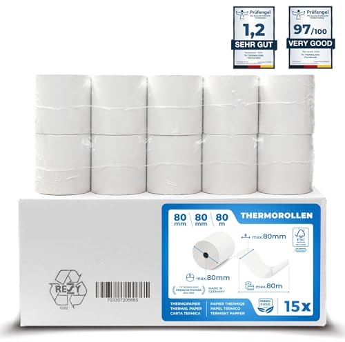 THERMALKING Thermorollen 80mm x 80mm x 12mm [für Bondrucker wie Epson, IBM & co.] - Bonrollen 80x80x12 Thermo - Kassenrollen Thermopapier - Geeignet für Drucksysteme mit Papierbedarf bis 80m (15 Stk)