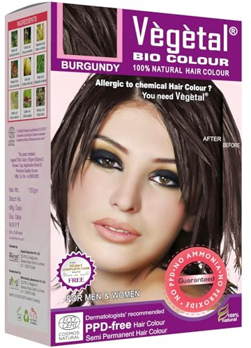 Vegetal Bio Hair Colour – Borgogna 150 g, per ottenere un colore naturale, privo di ammoniaca e PPD, tintura per capelli biologica certificata a base di erbe, per uomini e donne, con kit completo