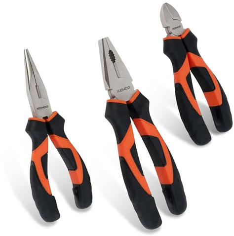 KENDO Zangenset 3-teilig – Kombizange, Spitzzange & Seitenschneider – Zangen Set Werkstatt aus gehärtetem C55-Werkzeugstahl mit ergonomischen griffen – Zangenköpfe Nickel-Eisen-Beschichtung