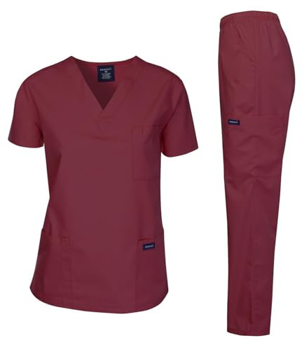 Dagacci Scrubs Medical Uniform Women and Man Scrubs Set Medical Scrubs Top and Pants, Burgundy, XXXXL