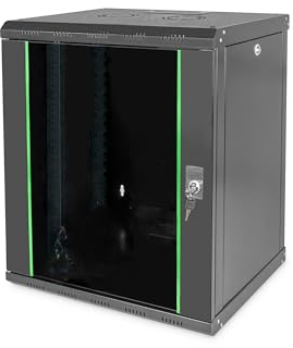 DIGITUS Netzwerk-Schrank 19 zoll 12 HE - Wandmontage - 450 mm Tiefe - Traglast 100 kg - Unique Serie - Glastür - Schwarz