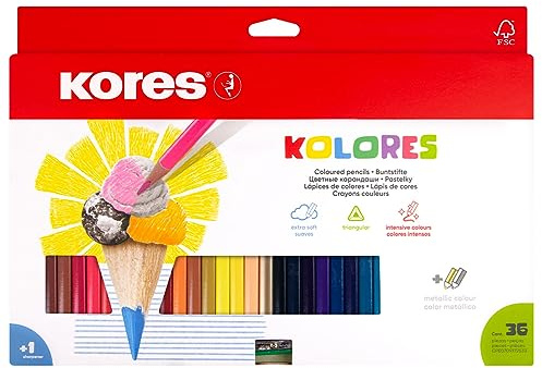 Kores - Kolores: 36 Farbstifte für Kinder, Anfänger und Erwachsene mit weicher Mine und in dreieckiger Form, Set von 36 ausgewählten Farben, inklusive Spitzer