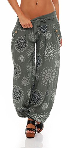 Malito – Haremshose Damen mit Print – Unisize Pumphose aus Baumwolle – Leichte Stoffhose – Sommerhose für warme Tage – Dünne Aladinhose für Frauen 3481 (Oliv)