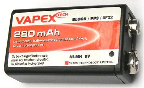 VAPEX PP3 9V 280mAh NiMH rechargeable battery, includes case.