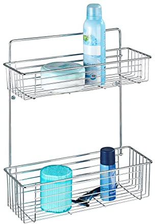 WENKO Wandregal Avesta 2 Etagen, Duschablage für Duschgel, Shampoo & Co., Hängekorb fürs Badezimmer, Regal für die Küche, Gewürzregal, 32 x 38 x 12 cm, Chrom, 12 x 32 x 38 cm