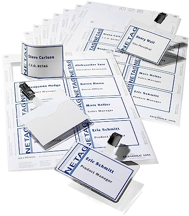 Durable Namensschilder-Set, Namensschilder 60 x 90 mm mit Clip, passende Einsteckschilder auf A4 Druckbögen, Packung à 20 Stück, 818100