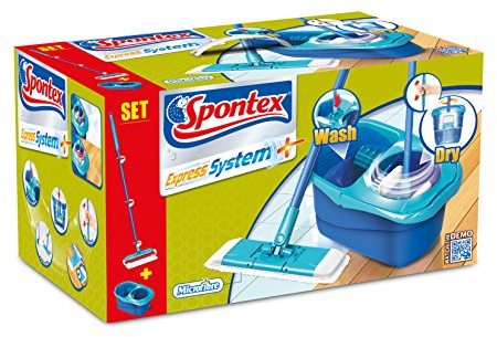 Spontex - Express System - Kit Balai Plat + Seau Essoreur Rotatif - Essorage Automatique Optimal - 1 Kit