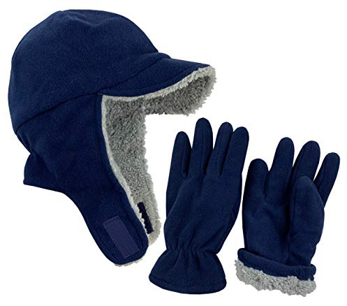 N'Ice Caps Boys Kids Hat Gloves Winter Set Fleece Brim Warm Sherpa Lined (8-12 Years, Navy)
