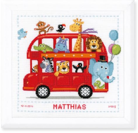 VERVACO Kit Punto Croce Contato Autobus Safari Annuncio Nascita Punto Croce ca. 28 x 28 cm Regalo Personalizzato Set Fai da Te attività Creative Adulti Benvenuto Bambino Cross Stitch